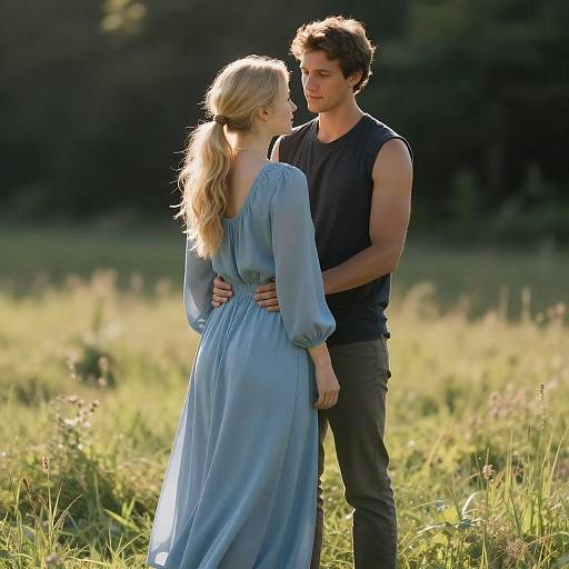 Photograph of a blonde woman in a light blue, long-sleeved dress and a brown-haired man in a black sleeveless shirt, standing in