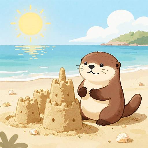 Playful Otter Sandcastle Watercolor