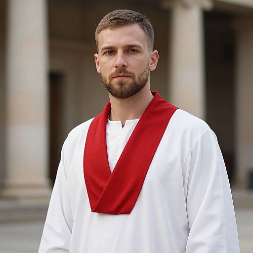 Photograph of a bearded Caucasian man with short brown hair, wearing a white robe and red stole, standing in front of a blurred stone building.