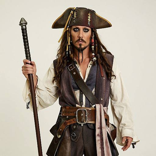 Photograph of a menacing pirate with long brown hair, black tricorn hat, white shirt, brown vest, holding a sword, white background.