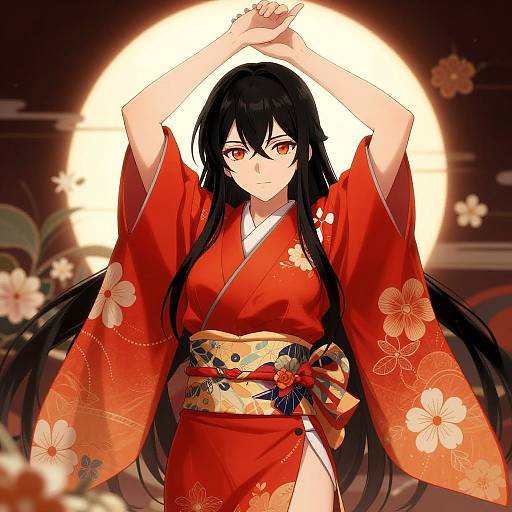 Digital anime drawing of a black-haired woman in a red floral kimono with arms raised, standing against a glowing full moon.