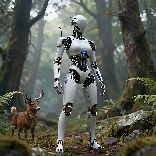 Photograph-style CGI: White humanoid robot stands in misty forest, facing deer with antlers, surrounded by ferns and moss-covered rocks.