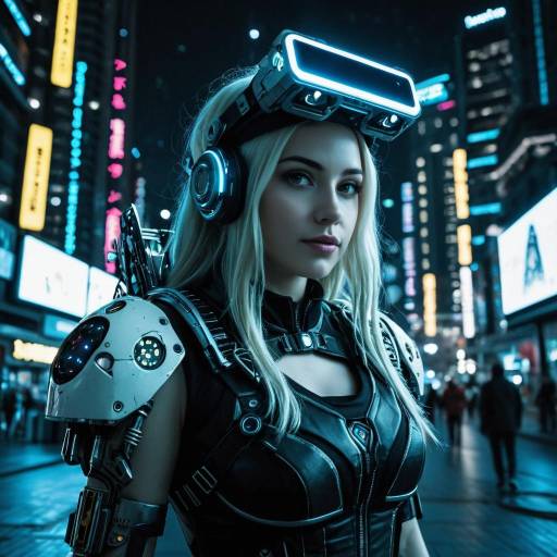 Cyberpunk Female Engineer in Futuristic Cityscape