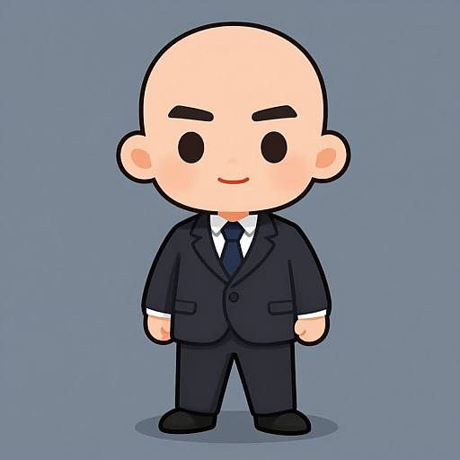 Cartoon chibi-style bald man with black suit, white shirt, black tie, and black shoes, standing against a solid blue background.