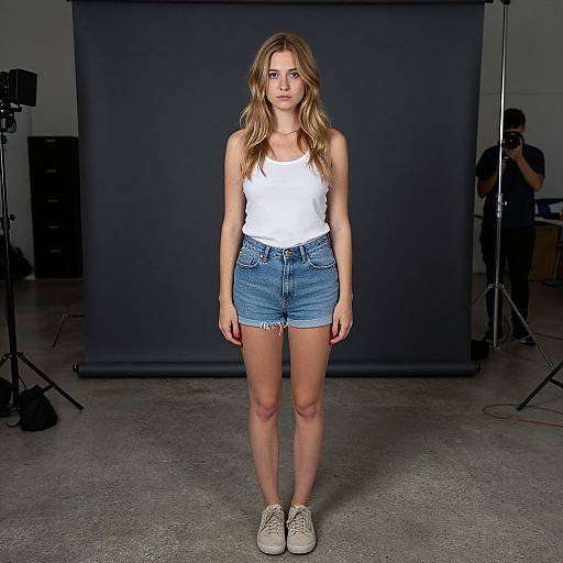 Photograph of a young woman with wavy blonde hair, wearing a white tank top and high-waisted denim shorts, standing in front of a