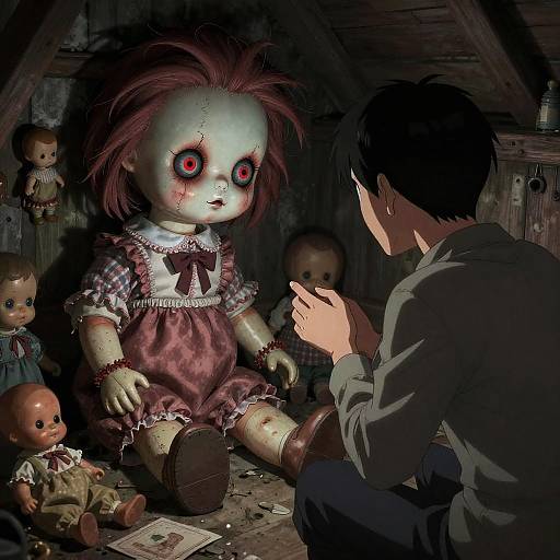 Digital illustration of a man facing a creepy, stitched doll with pink hair, red eyes, and tattered clothes in a dim attic, surrounded by other
