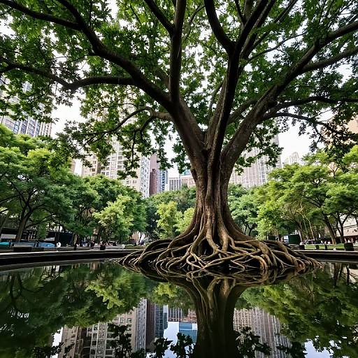 Photograph of a large tree with intricate, exposed roots reflected in a still urban pond, surrounded by lush greenery and modern skyscrapers.