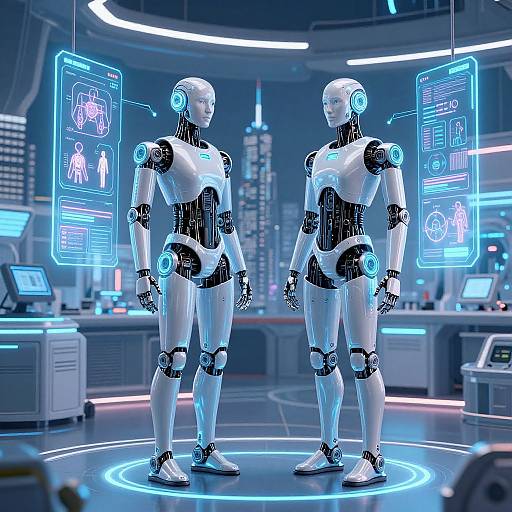 Photograph of two white humanoid robots standing on a glowing blue circular platform in a futuristic lab, with neon blue holographic interfaces and cityscape background.