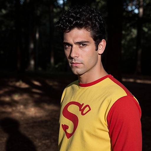 Photograph of a young man with dark curly hair, wearing a yellow and red raglan shirt with a red 