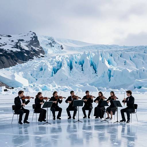 Photograph of a string quartet in black suits playing on a frozen, reflective glacier with towering, snow-covered mountains in the background.