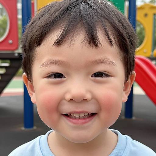 Photograph of a smiling young Asian boy with short black hair, wearing a light blue shirt, in a colorful playground background.