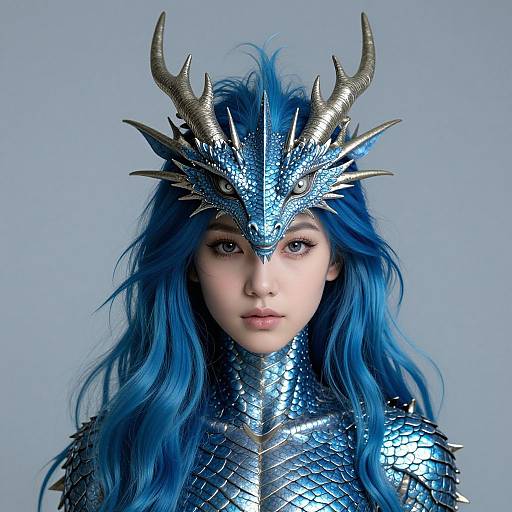 Photograph of a fair-skinned woman with long blue hair, wearing a silver dragon-themed helmet and armor, featuring sharp horns and scales, against a
