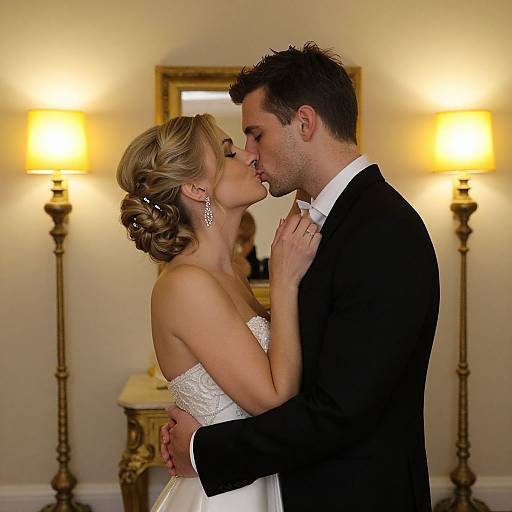 Photograph of a blonde bride in a white strapless gown and a dark-haired groom in a black tux kissing in an elegantly lit room.