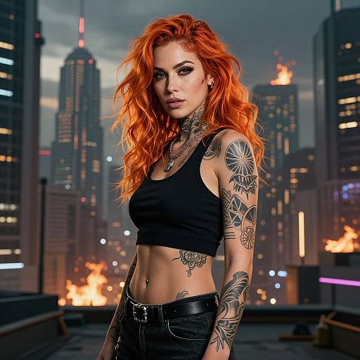 Tattooed, red-haired woman with black crop top and leather pants stands confidently in a fiery, nighttime cityscape photograph.