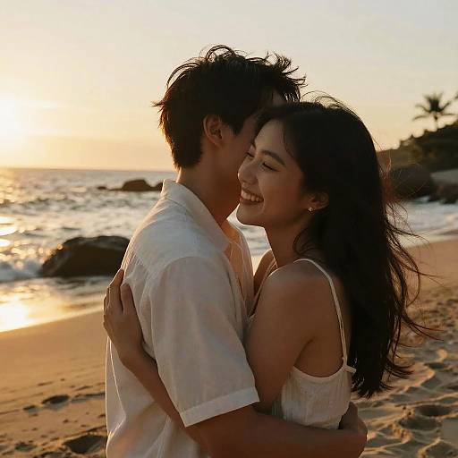 Joyful Sunset Embrace on Sandy Beach