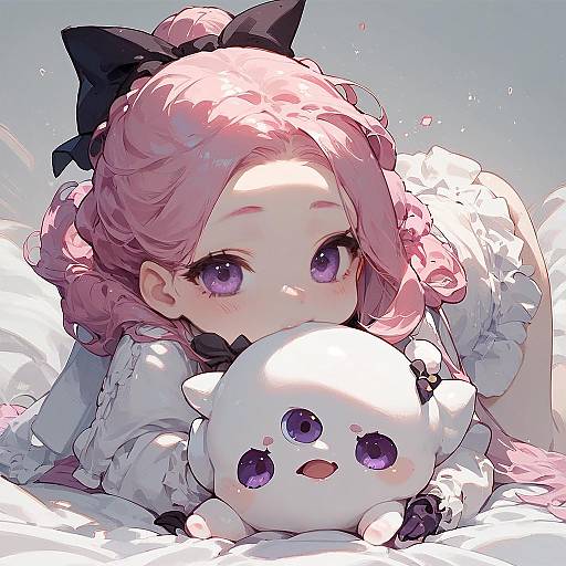 Chibi Anime Creature with Pink Hair and Purple Eyes