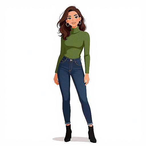 Digital illustration of a smiling woman with long brown hair, wearing a green ribbed turtleneck, high-waisted blue jeans, and black ankle
