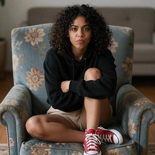 Crouching Woman on Blue Floral Armchair