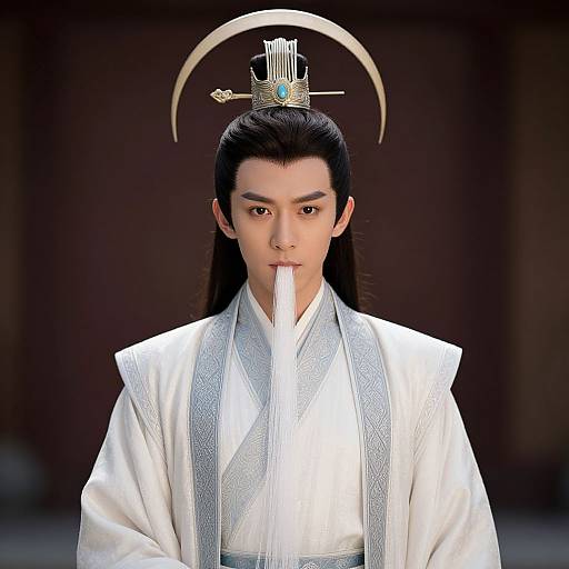 Photorealistic digital artwork of an East Asian man with long black hair, wearing a white kimono, ornate headpiece, and white beard,