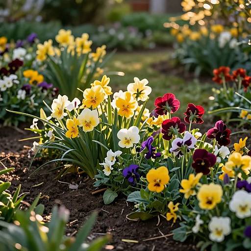 Vibrant photograph of a garden bed filled with yellow, white, red, and purple pansies, bathed in warm sunlight, with green foliage