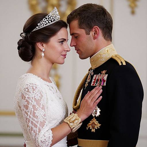 Photograph of a royal couple in an intimate moment; she wears a white lace dress and silver tiara, he wears a black military uniform adorned with