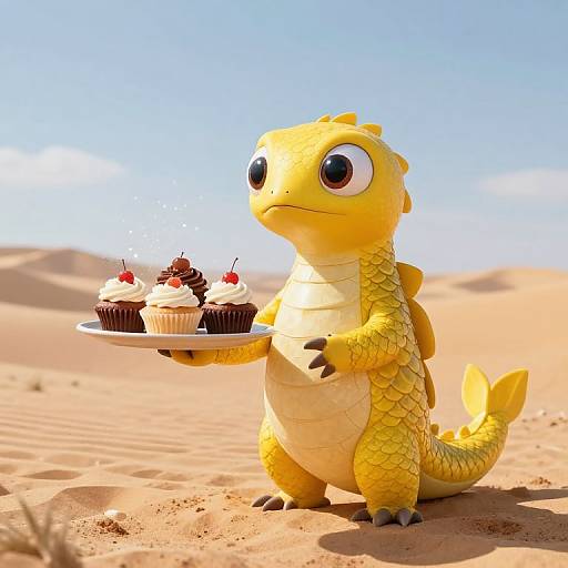 CGI image of a cute, yellow, cartoon dinosaur with big eyes holding a tray of three cupcakes with cherry toppings in a sunny desert.