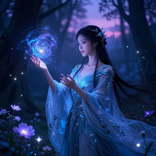 Digital fantasy artwork of a fair-skinned woman with long black hair, wearing a glowing blue, translucent gown, conjuring a swirling blue light in a