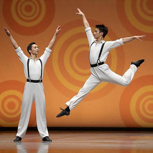 Dancers Leaping in Vibrant Spiral Room