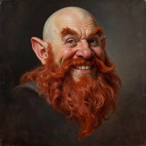 Digital artwork of a bald, smiling elf with large red beard, pointed ears, and wrinkled skin against a dark background.