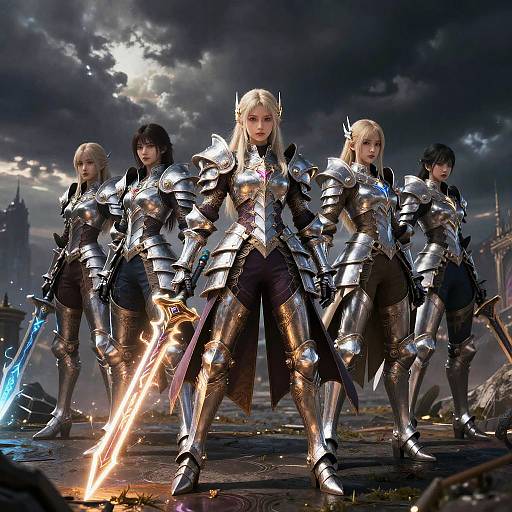 Digital CGI fantasy artwork of five armored, blonde and black-haired female warriors with glowing swords, standing in a dramatic, cloudy sky.