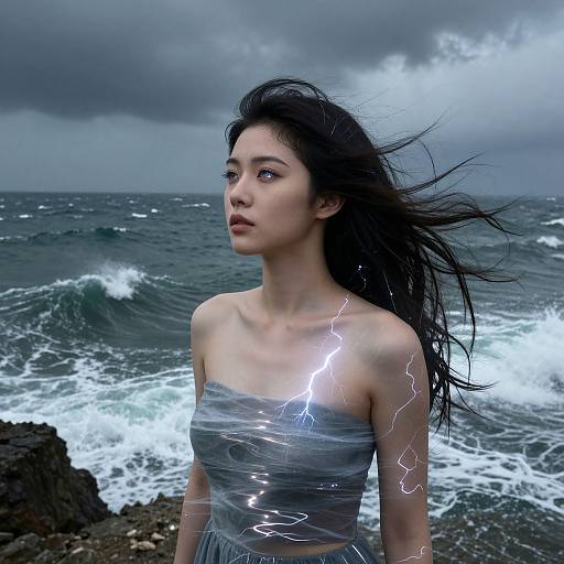 Photograph of an Asian woman with long black hair, wearing a silver, lightning-striped, strapless top, standing on rocky shore with turbulent ocean and