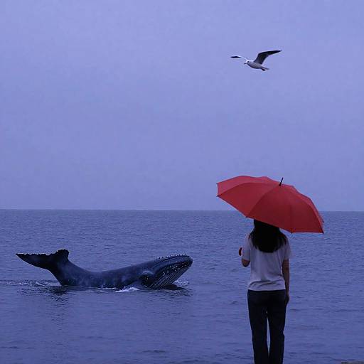 Woman with Red Umbrella Watching Whale in Ocean