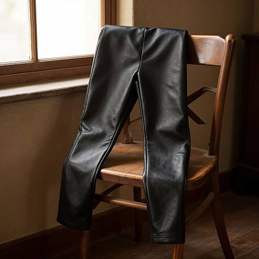Photograph of black leather pants draped over a wooden chair, next to a sunlit window in a warmly lit room.