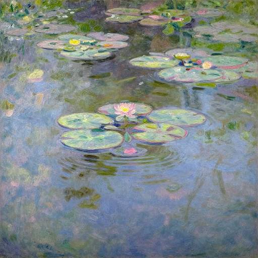 Impressionist painting of a serene pond with colorful water lilies, ripples, and reflections in soft blues, greens, and yellows.