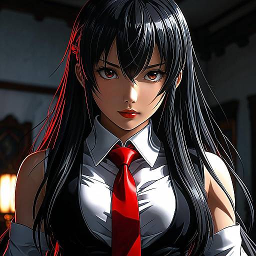 Digital anime-style drawing of a serious-looking woman with long black hair, red tie, white shirt, and black vest, illuminated by dramatic red and blue