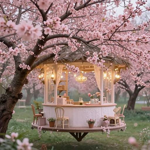Whimsical cherry blossom treehouse cafe with glowing chandeliers, wooden chairs, and potted flowers, suspended amidst blooming pink trees. Phot