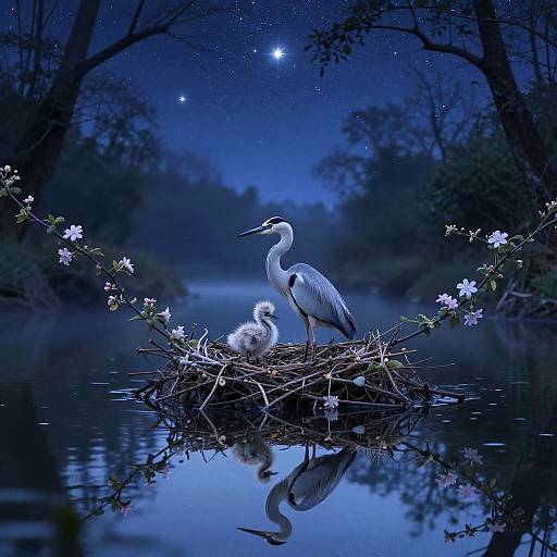 Photograph of a serene night scene: a blue heron and fluffy chick in a nest surrounded by flowers, reflected in a still, starlit river