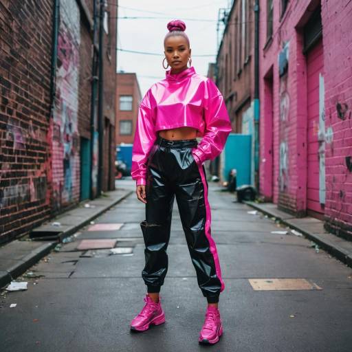 Woman in Neon Pink Y2K Outfit in Urban Alleyway