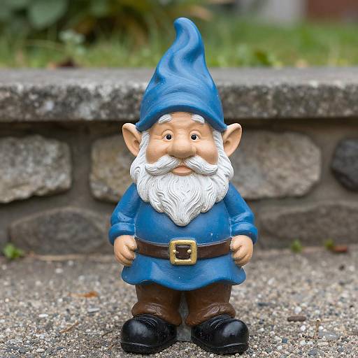 Photograph of a whimsical, blue-capped gnome with white beard, brown pants, black shoes, and blue tunic, standing on a gravel