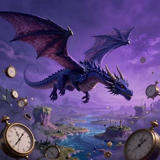 Digital fantasy artwork of a majestic, blue, spiked dragon soaring above a clock-filled, surreal, purple-hued landscape with a winding river.