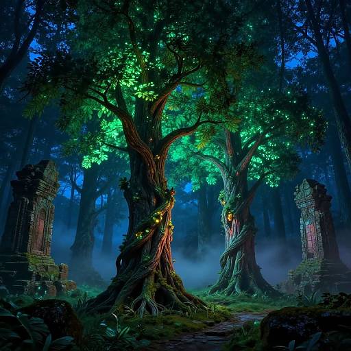 Digital fantasy artwork of glowing green trees in a mystical forest with ancient stone ruins, illuminated by blue moonlight.