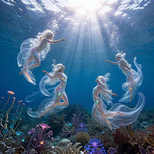 Photograph of four ethereal, translucent jellyfish with glowing rainbow patterns, floating gracefully in a vibrant underwater coral reef, illuminated by sunlight from above.