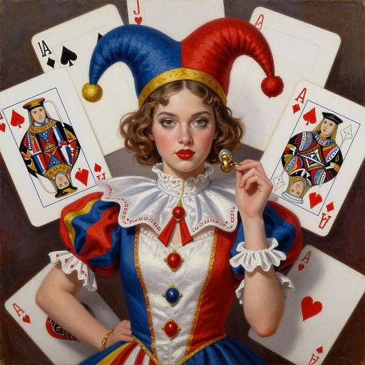 Digital painting of a fair-skinned, curly-haired woman in a blue and red jester outfit, holding a playing card, surrounded by Ace of Sp