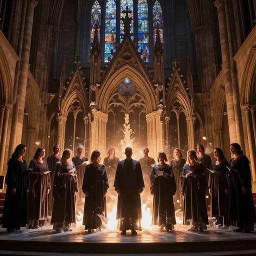 Photograph of a choir in dark robes standing in a lit cathedral, surrounded by a bright, fiery halo, with ornate stained glass windows in the