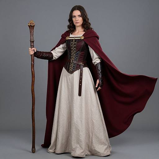 Photograph of a dark-haired woman in medieval fantasy attire: white gown, black corset, red cape, holding ornate wooden staff, gray background