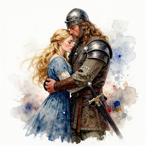 Digital watercolor of a bearded knight in armor embracing a blonde woman in a blue dress, gazing lovingly at each other.