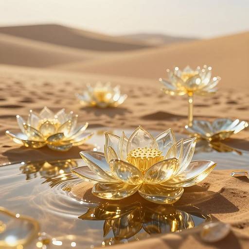 Photograph of glowing, golden lotus flowers in a shallow, reflective water pool at sunset, with sandy dunes in the background.
