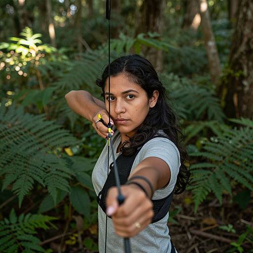 Photograph of a focused, dark-haired woman with medium skin tone, wearing a gray shirt, drawing a bow in a dense, green forest.