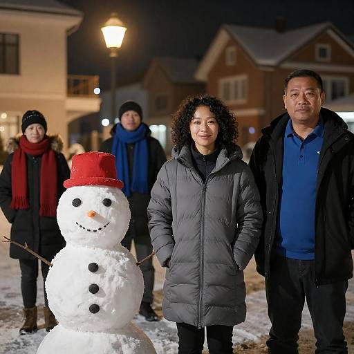 Joyful Nighttime Street Scene with Snow