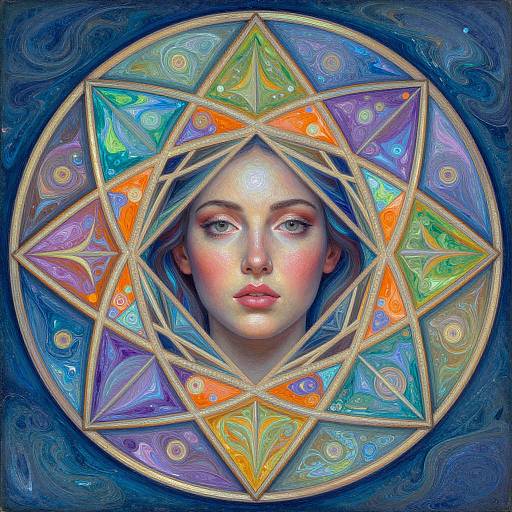 Digital art of a fair-skinned woman with blue eyes, pink lips, and blue hair, framed by a colorful, intricate star-shaped mandala.